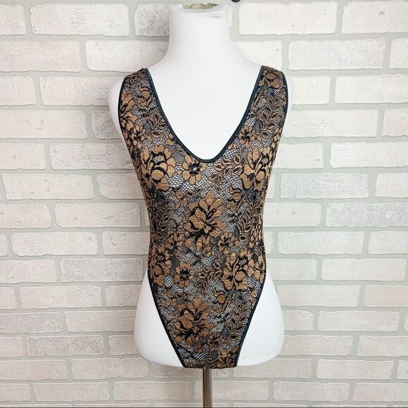 Vtg 80's Natori Black and Gold Lace BodySuit I7 - Picture 1 of 7